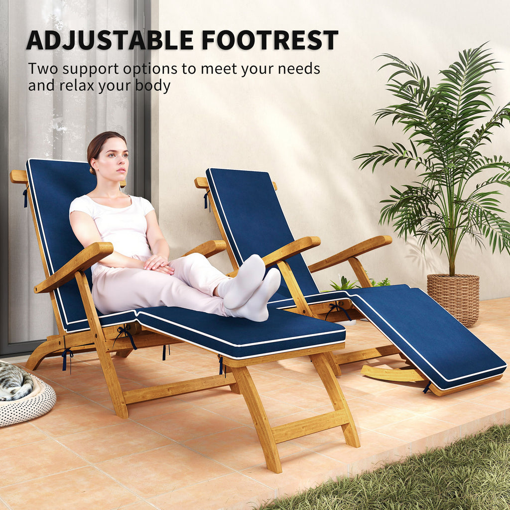 Folding Patio Lounge Chair with Padded Cushion, Acacia Wood Patio Lounger Recliner with Footrest for Garden, Navy Blue