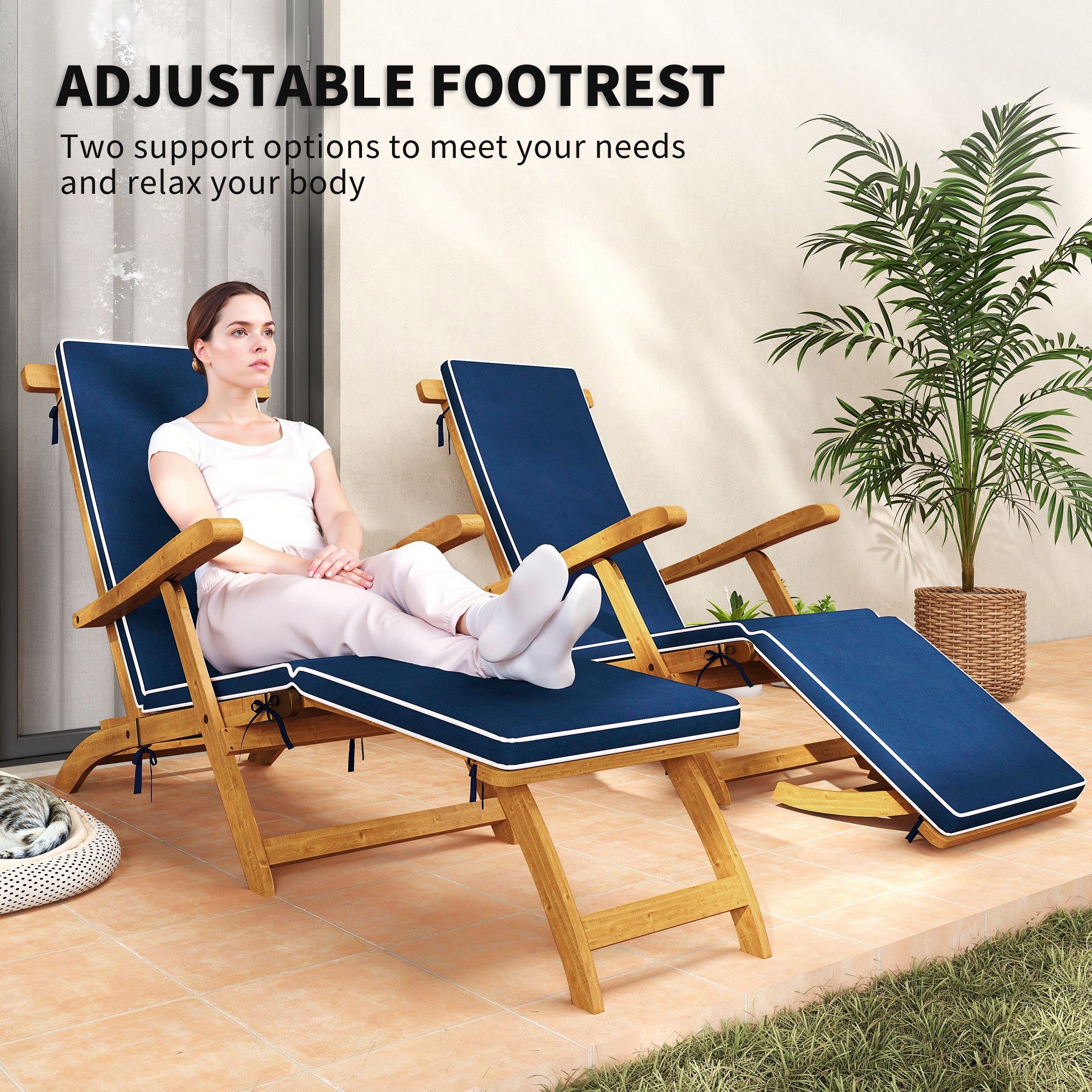 Folding Patio Lounge Chair with Padded Cushion, Acacia Wood Patio Lounger Recliner with Footrest for Garden, Navy Blue