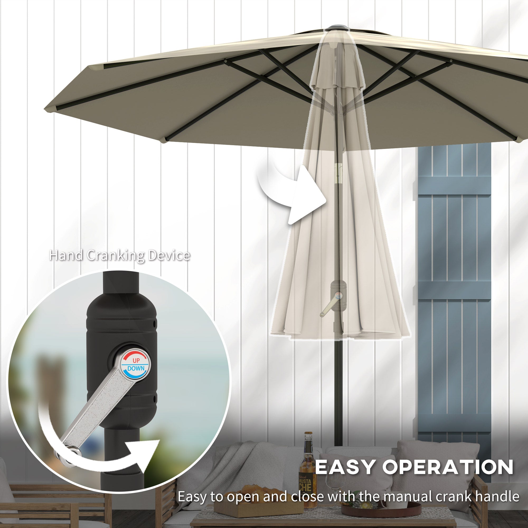 Aluminum Patio Umbrella, Garden Outdoor Parasol, Sun Shelter, 8.5ft, Light Grey