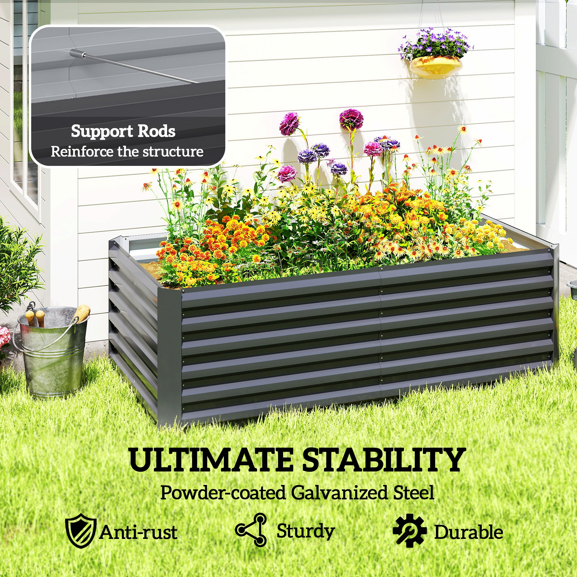 6' x 3' x 2' Raised Garden Bed, Galvanized Planter Box for Growing Flowers, Herbs and Vegetables, Dark Grey