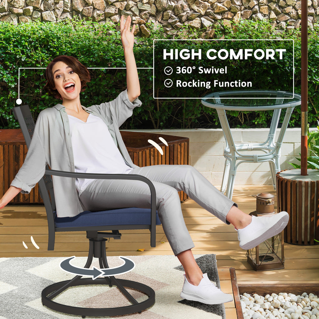 2 Pieces Patio Swivel Chairs with Cushion, Outdoor Swivel Rocker with Curved Armrests, Backrest for Garden, Balcony, Porch, Navy Blue
