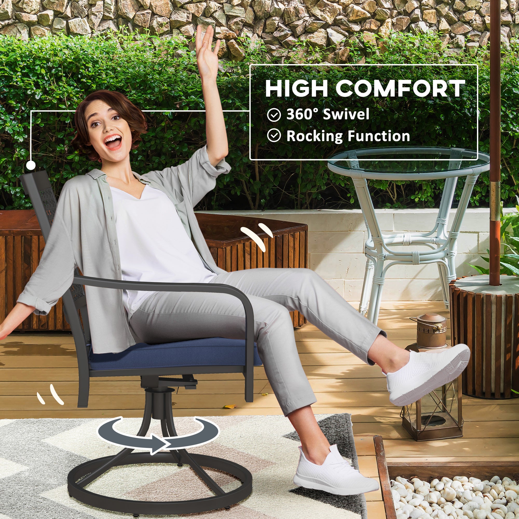 2 Pieces Patio Swivel Chairs with Cushion, Outdoor Swivel Rocker with Curved Armrests, Backrest for Garden, Balcony, Porch, Navy Blue
