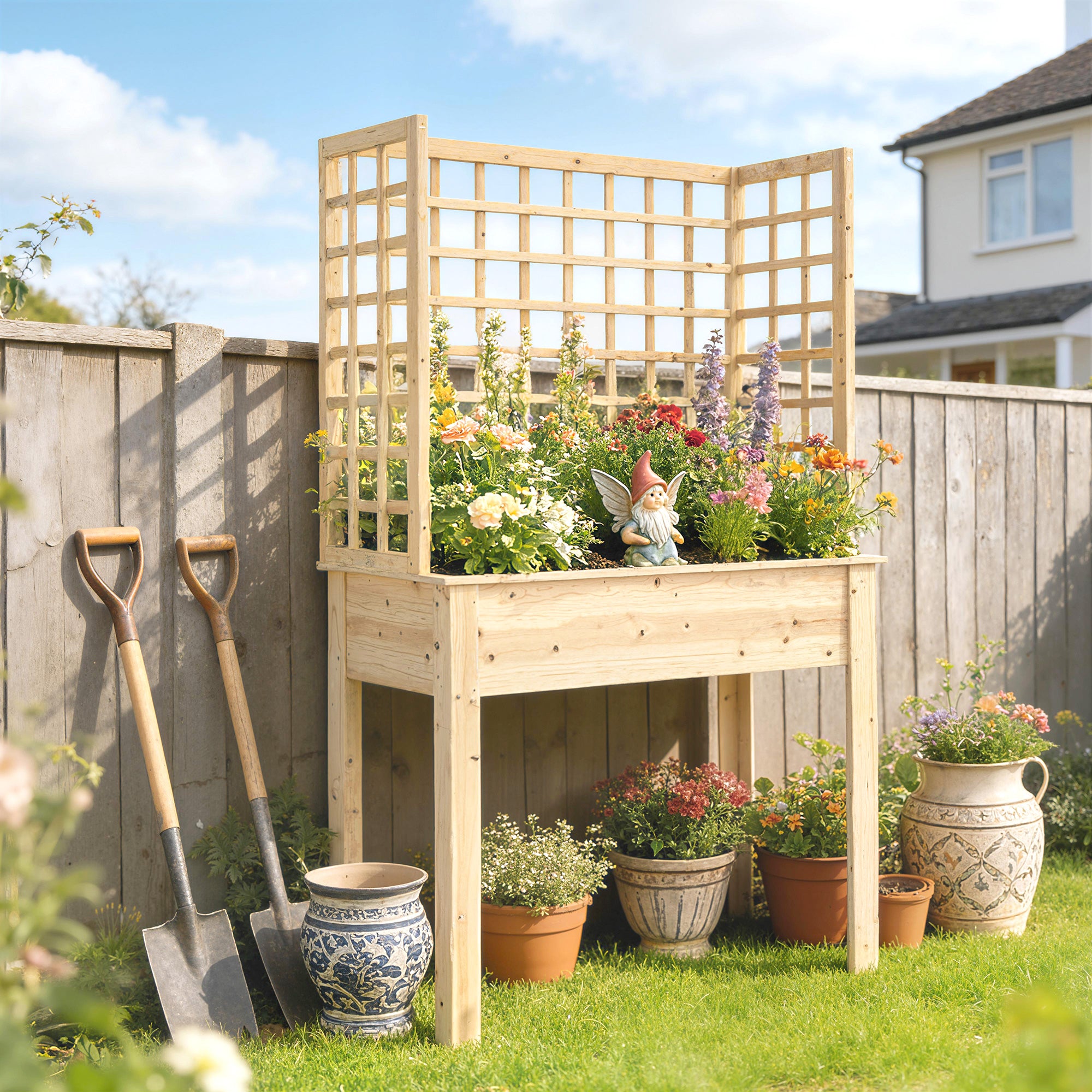 Wooden Raised Garden Bed with 3 Trellises, Outdoor Raised Planter with Drainage Holes