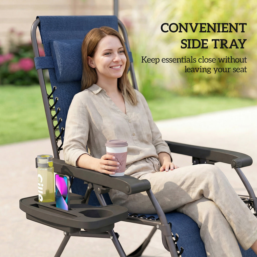 Zero Gravity Chair Set of 2, Folding Reclining Outdoor Lounge Chair with Cup Holder, Headrest, Dark Blue