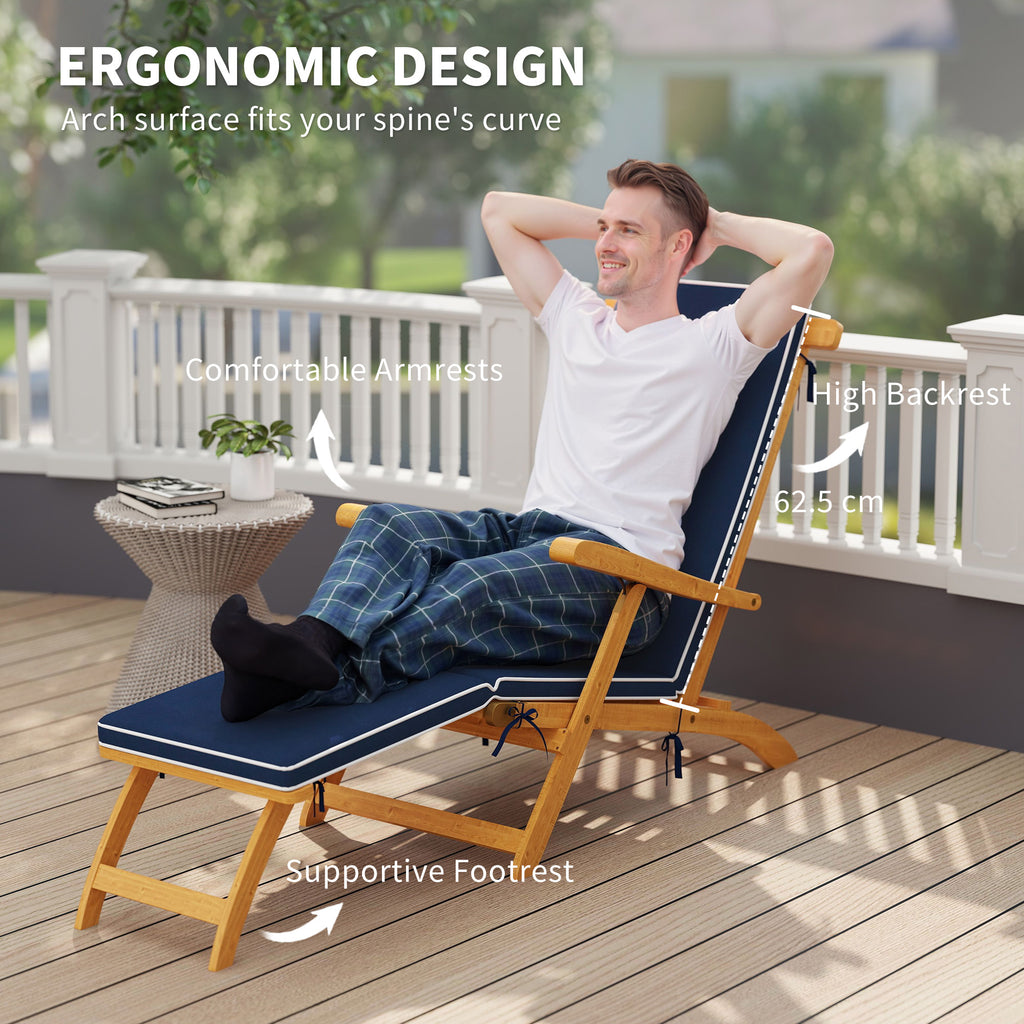 Folding Patio Lounge Chair with Padded Cushion, Acacia Wood Patio Lounger Recliner with Footrest for Garden, Navy Blue