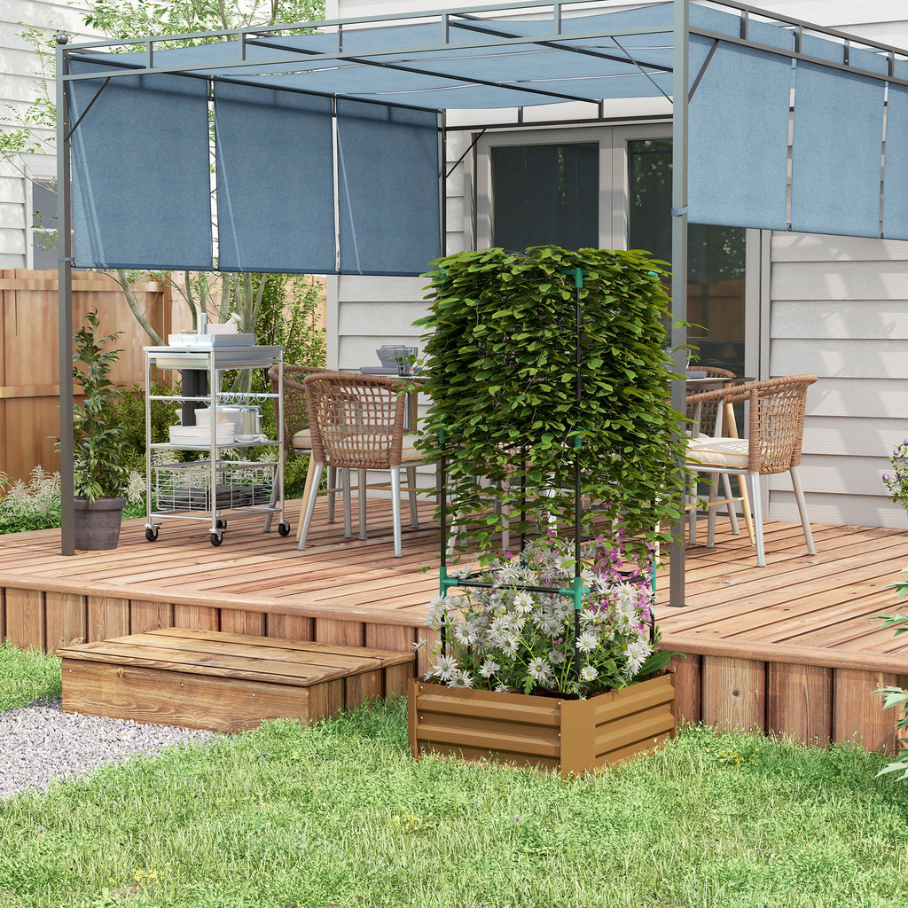 Galvanized Planter Box, Outdoor Raised Garden Bed with 3-Tier Trellis Tomato Cage for Climbing Vines, Vegetables, Brown