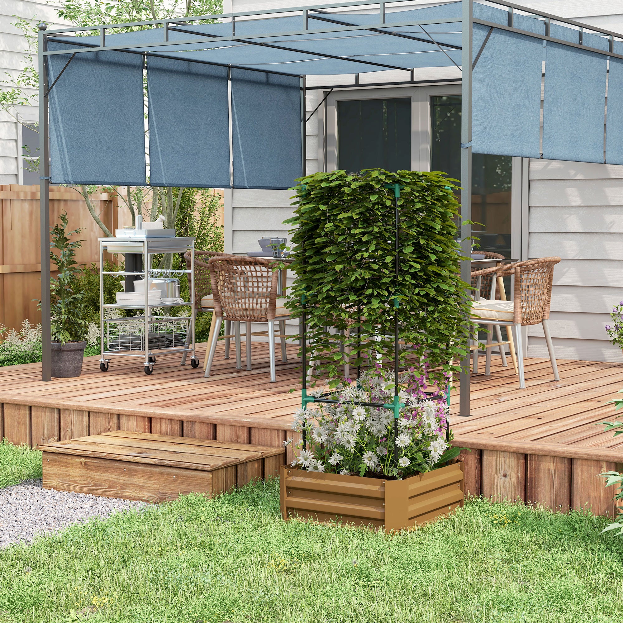 Galvanized Planter Box, Outdoor Raised Garden Bed with 3-Tier Trellis Tomato Cage for Climbing Vines, Vegetables, Brown