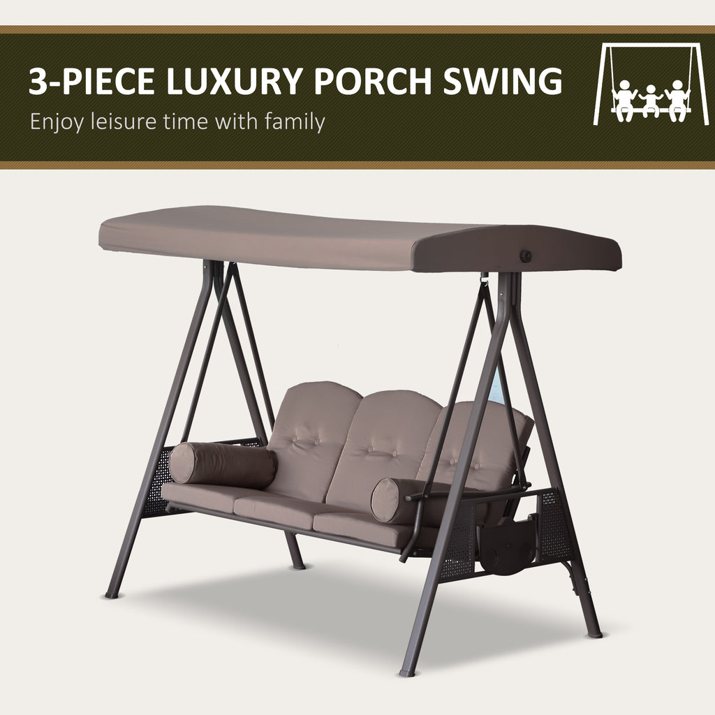 3 Seater Porch Swing Heavy Duty Outdoor Swing Chair Outdoor Lounge Hammock Cushioned Seat W/ Tilt Canopy, Brown