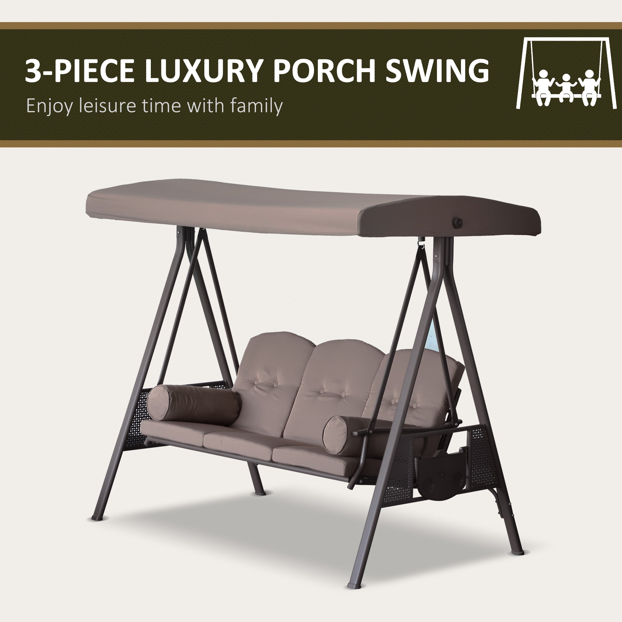 3 Seater Porch Swing Heavy Duty Outdoor Swing Chair Outdoor Lounge Hammock Cushioned Seat W/ Tilt Canopy, Brown