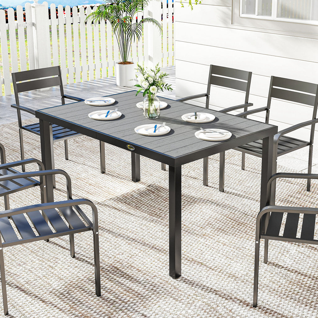 Rectangular Patio Table for 6, Outdoor Dining Table with Wood-Plastic Composite Top and Steel Frame for Garden, Grey