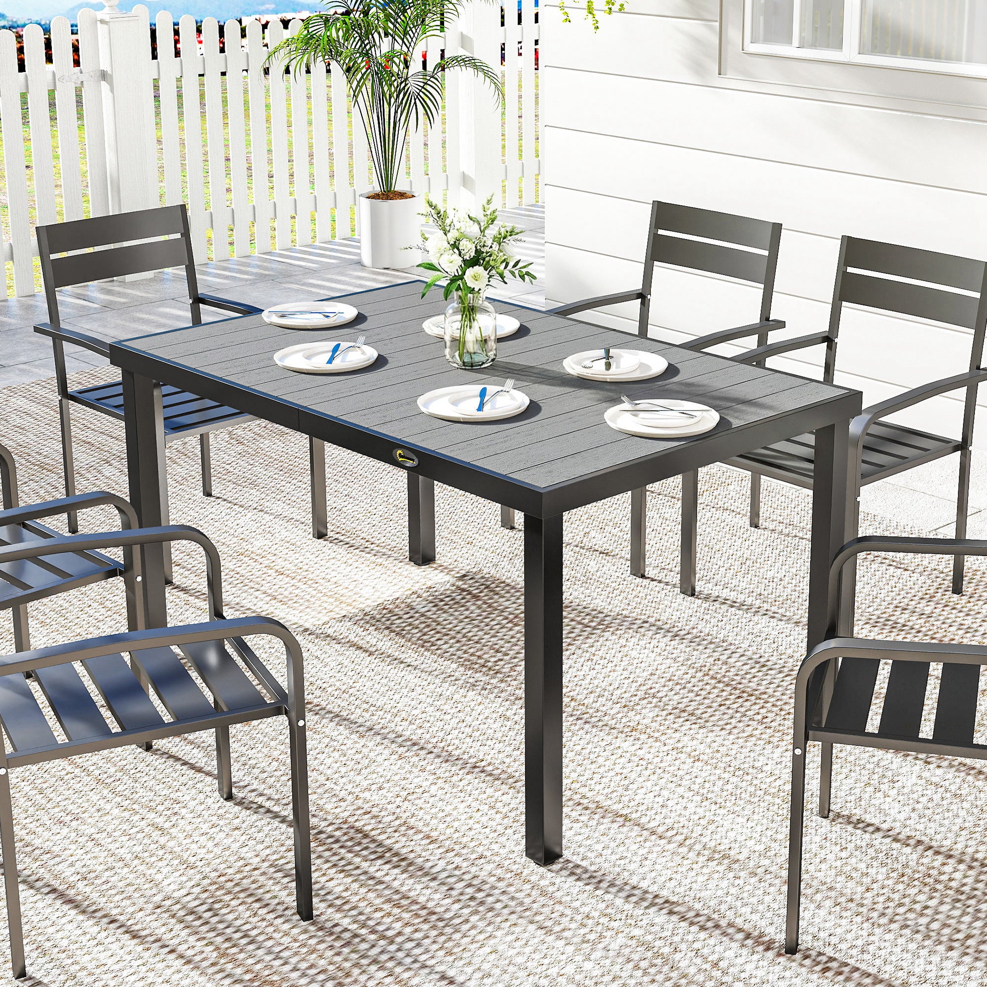 Rectangular Patio Table for 6, Outdoor Dining Table with Wood-Plastic Composite Top and Steel Frame for Garden, Grey