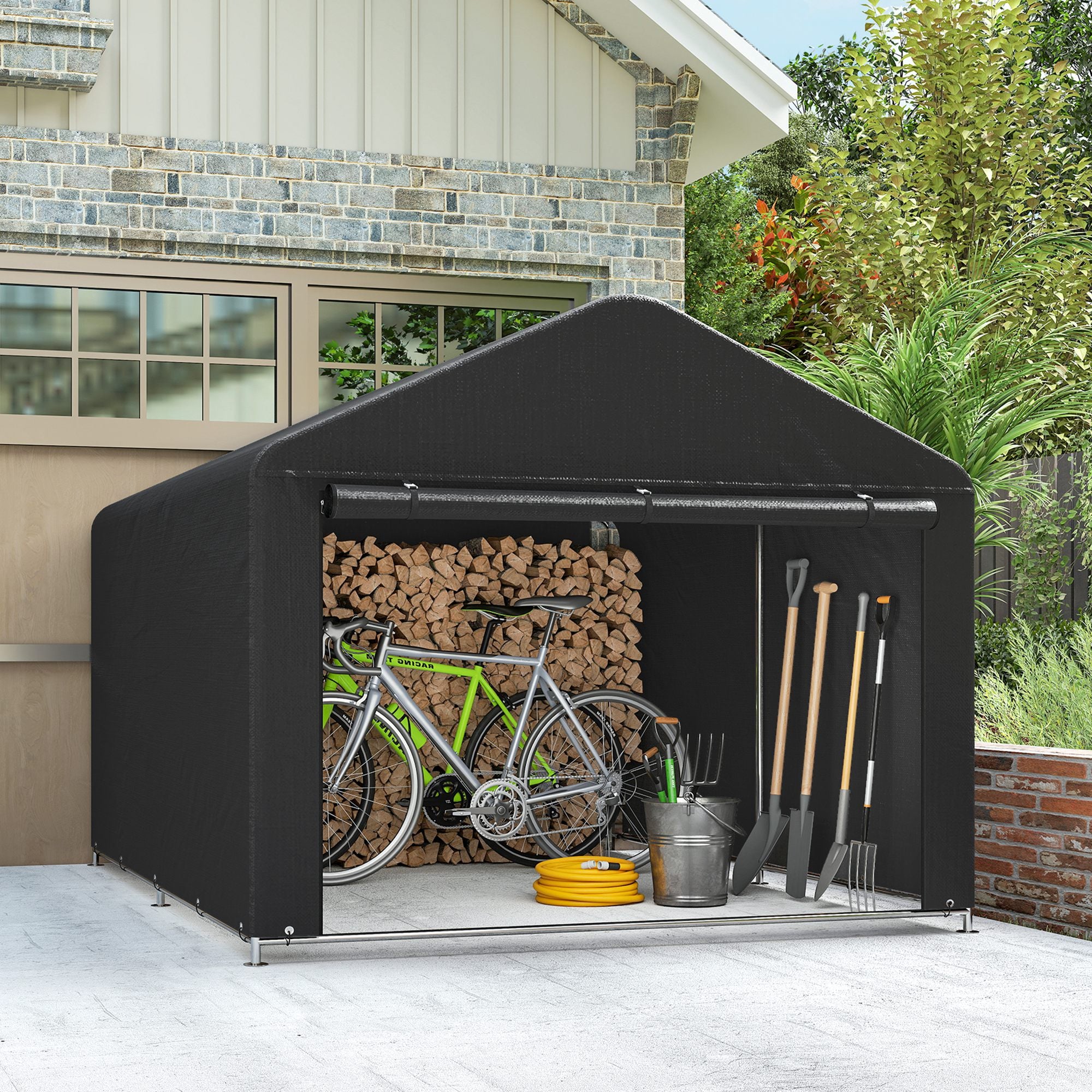 6.6' x 7.8' Portable Shed, Waterproof Bike Tent with Roll-up Zipper Door and Reinforced Galvanised Steel Frame, Black