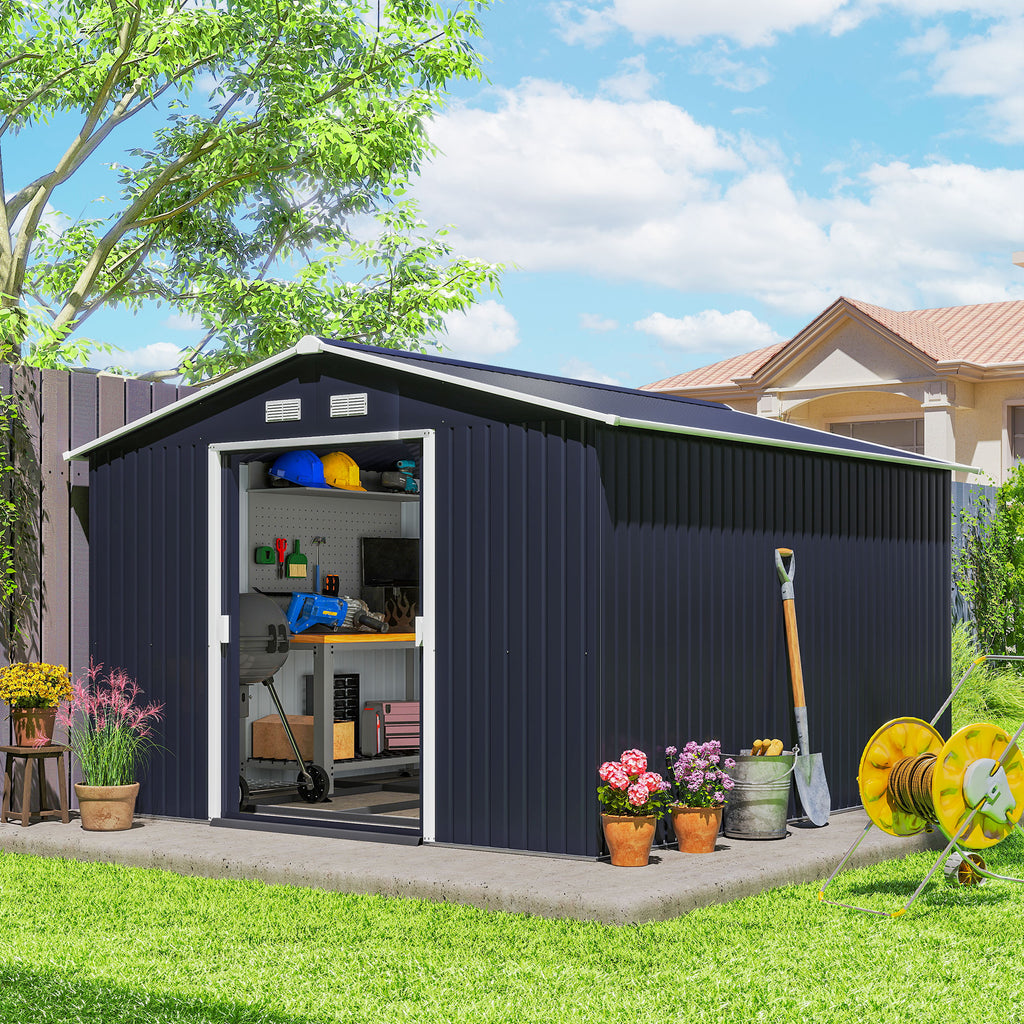 11' x 9' Metal Storage Shed Garden Tool House with Double Sliding Doors, 4 Air Vents for Backyard, Patio, Lawn Dark Grey