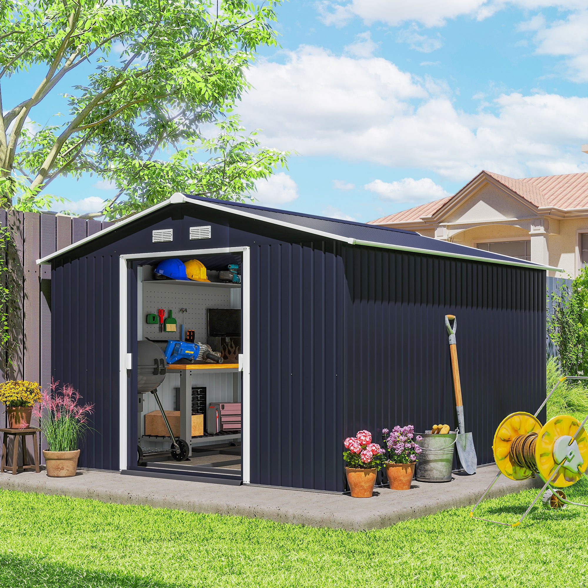 11' x 9' Metal Storage Shed Garden Tool House with Double Sliding Doors, 4 Air Vents for Backyard, Patio, Lawn Dark Grey