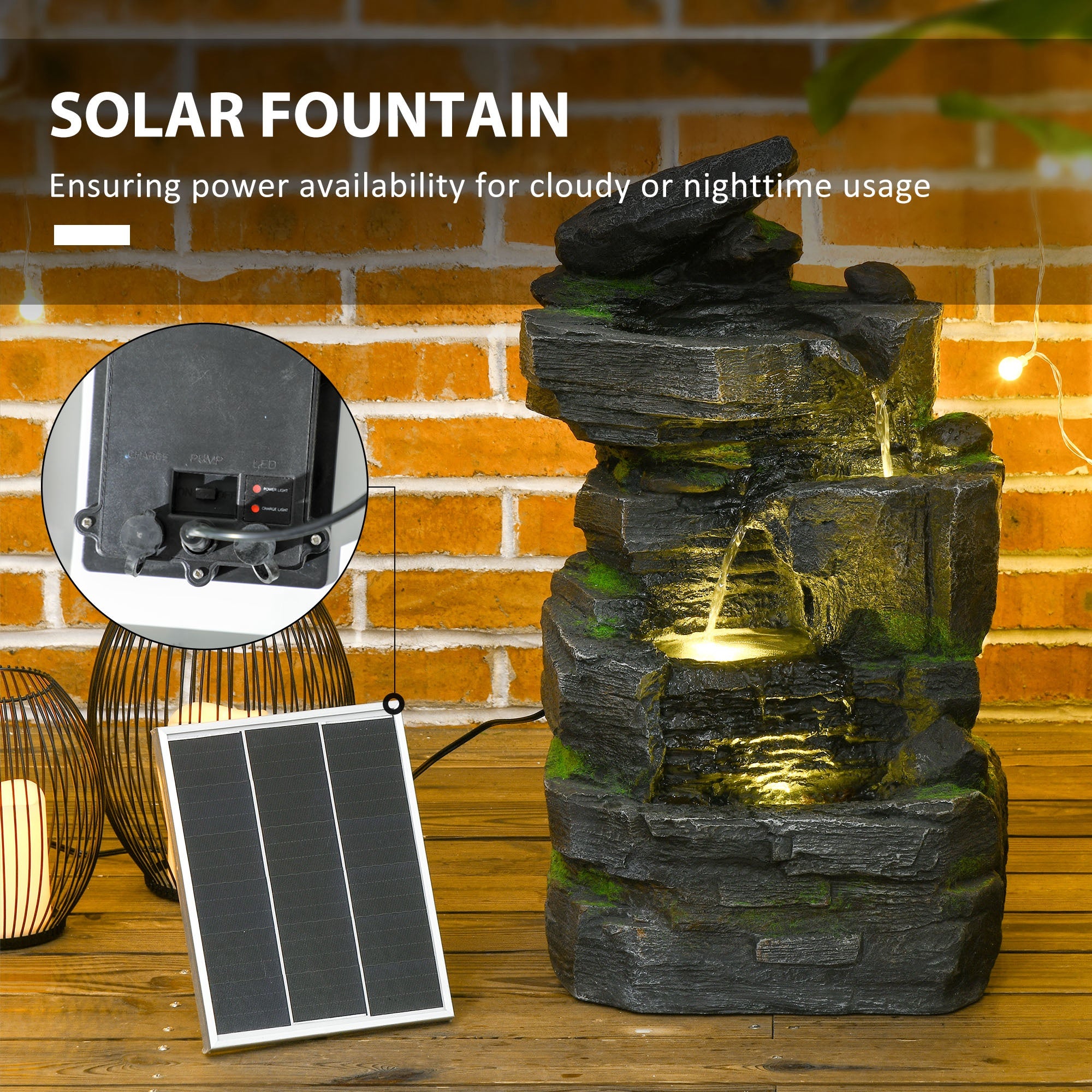 Garden Water Fountain with LED Lights and Pump, 4 Tier Cascading Water Fountain for Outdoor
