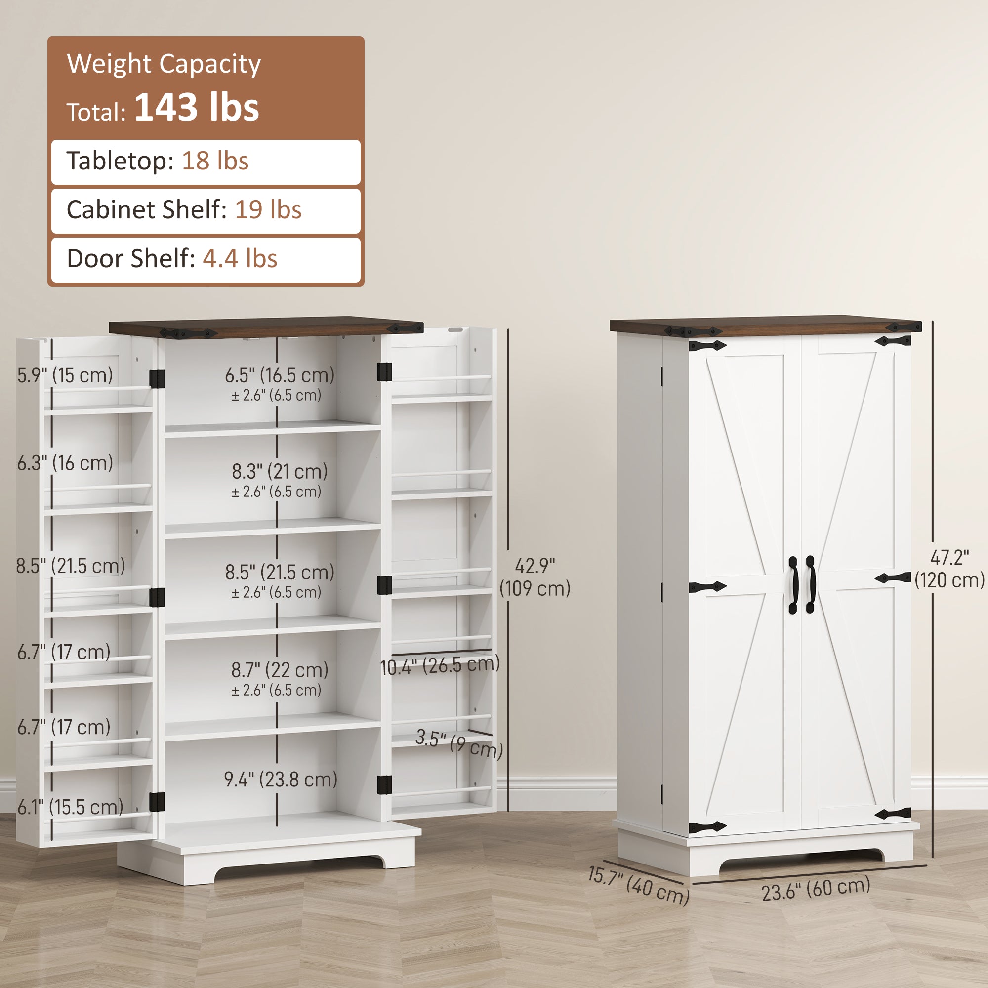 47" Kitchen Pantry Storage Cabinet, Farmhouse Kitchen Pantry Cabinet with Adjustable Shelves and Door Shelves, White
