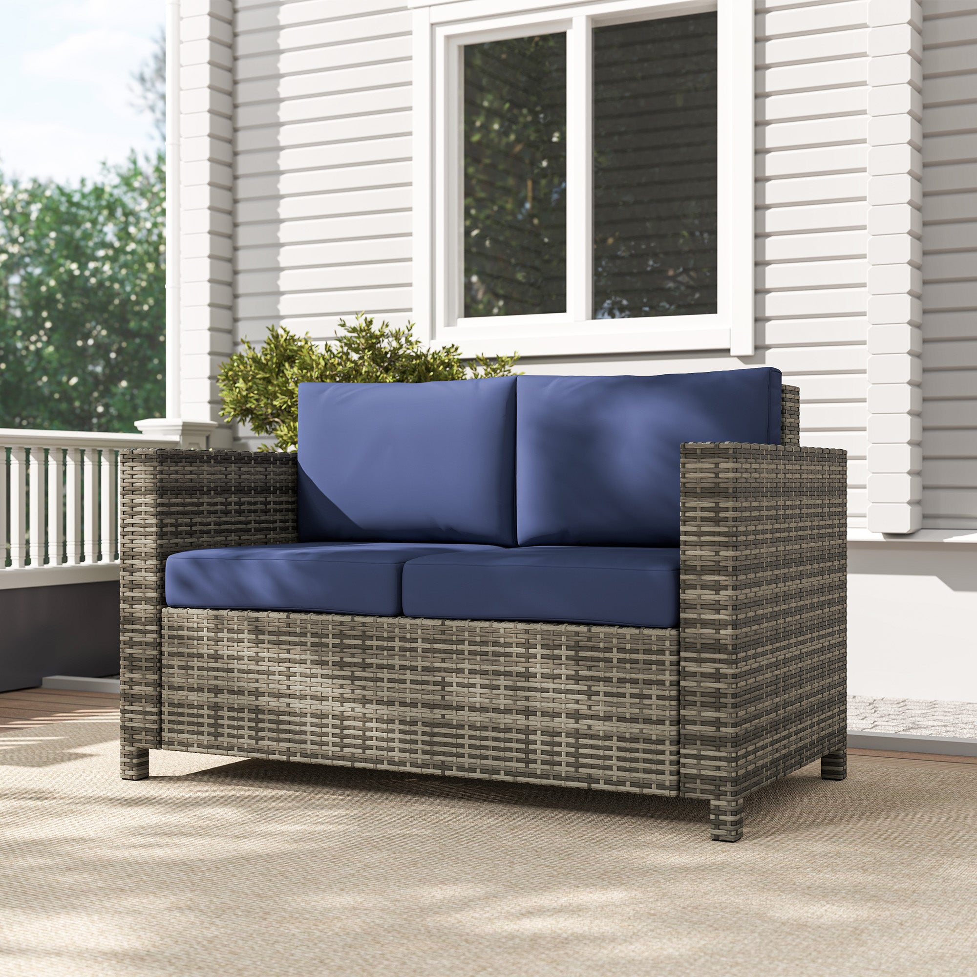 Wicker Outdoor Sofa, All Weather Patio Couch Loveseat with Cushions for Balcony, Deck, Garden, Poolside, Dark Blue