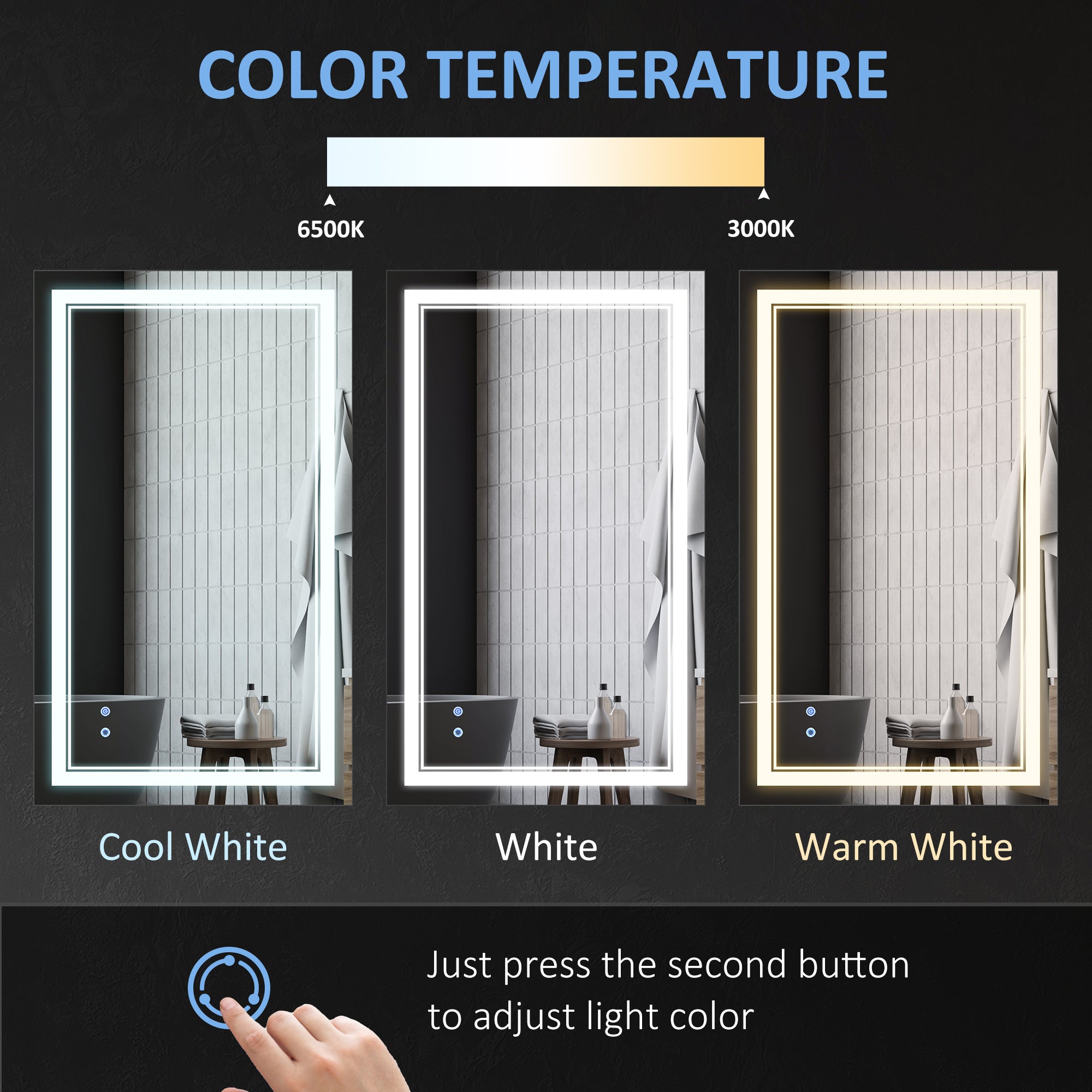 40" x 24" LED Bathroom Mirror, Dimmable Lighted Wall-Mounted Mirror, with 3 Colour, Smart Touch, Plug-in, Vertical or Horizontal Hanging