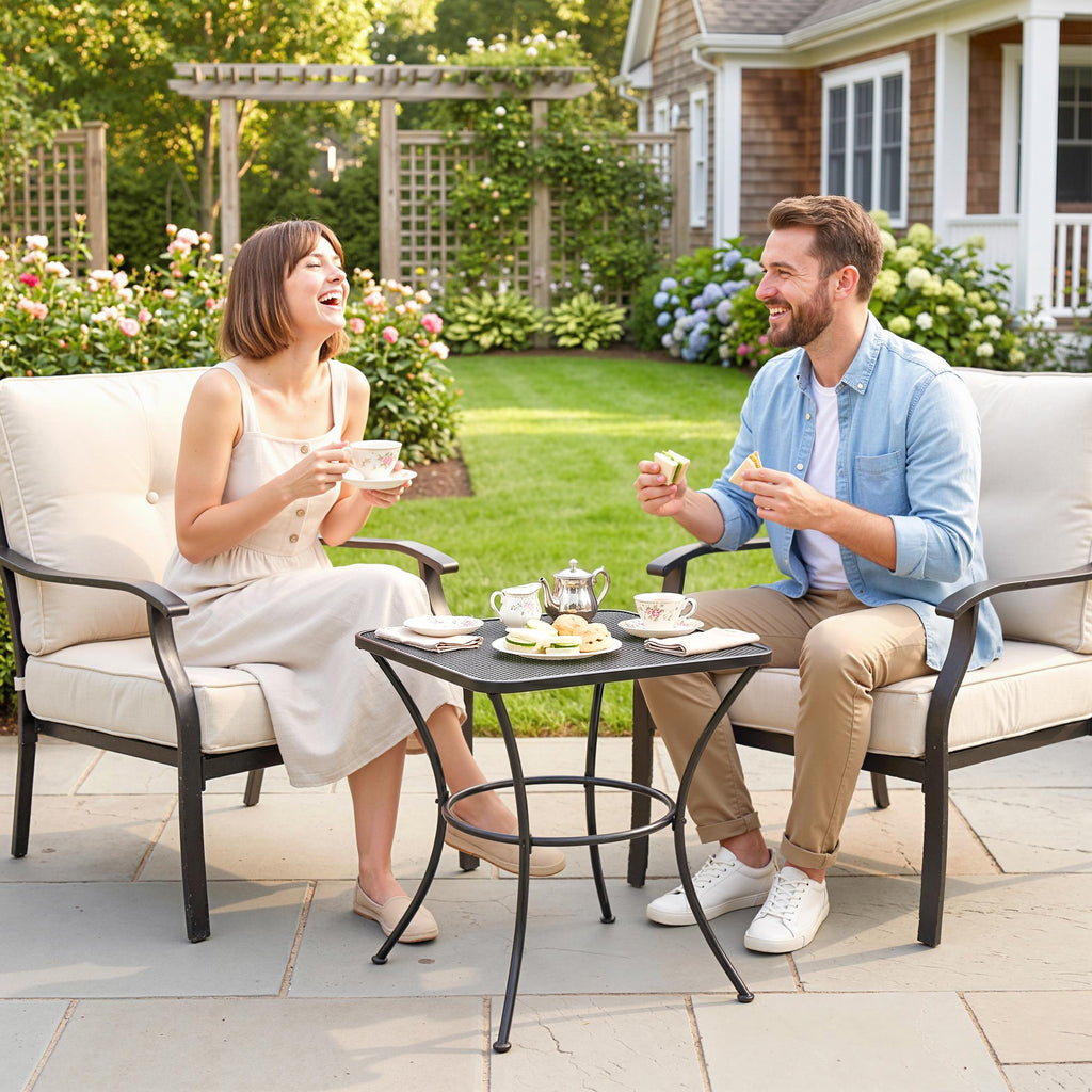 Square Outdoor Side Table, Metal Outdoor Patio Table, Garden Coffee Side Bistro Tables with Mesh Grid Top for Balcony, Porch, Backyard, 17.7" x 17.7" x 19.7", Black