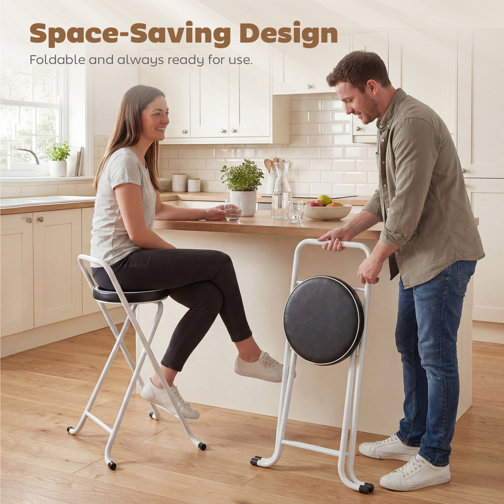 Foldable Bar Stools Set of 2, Folding Kitchen Chairs with PU Cushioned Seat, Footrest, Black