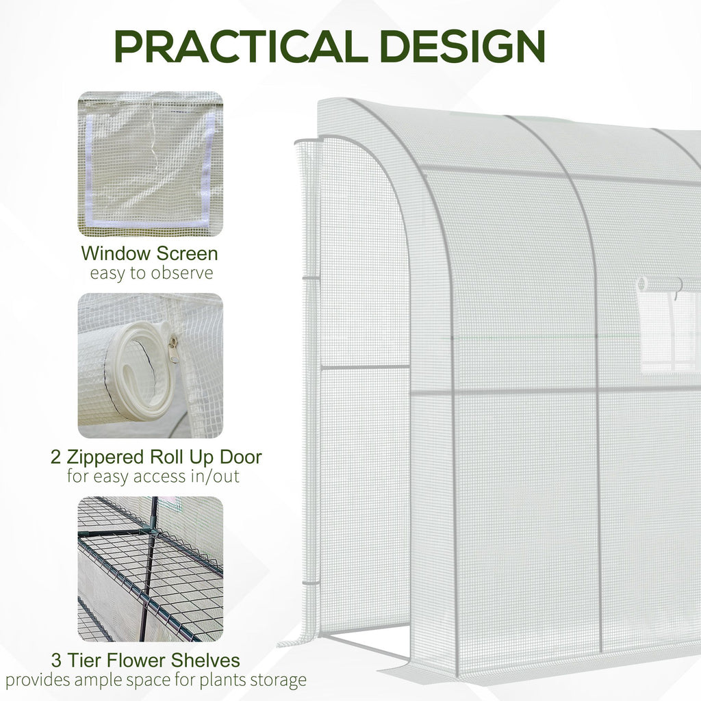 7' x 3' x 7' Outdoor Lean-to Walk-In Greenhouse w/ Roll-up Mesh Windows, Zipper Door and 3-Tier Shelves, White
