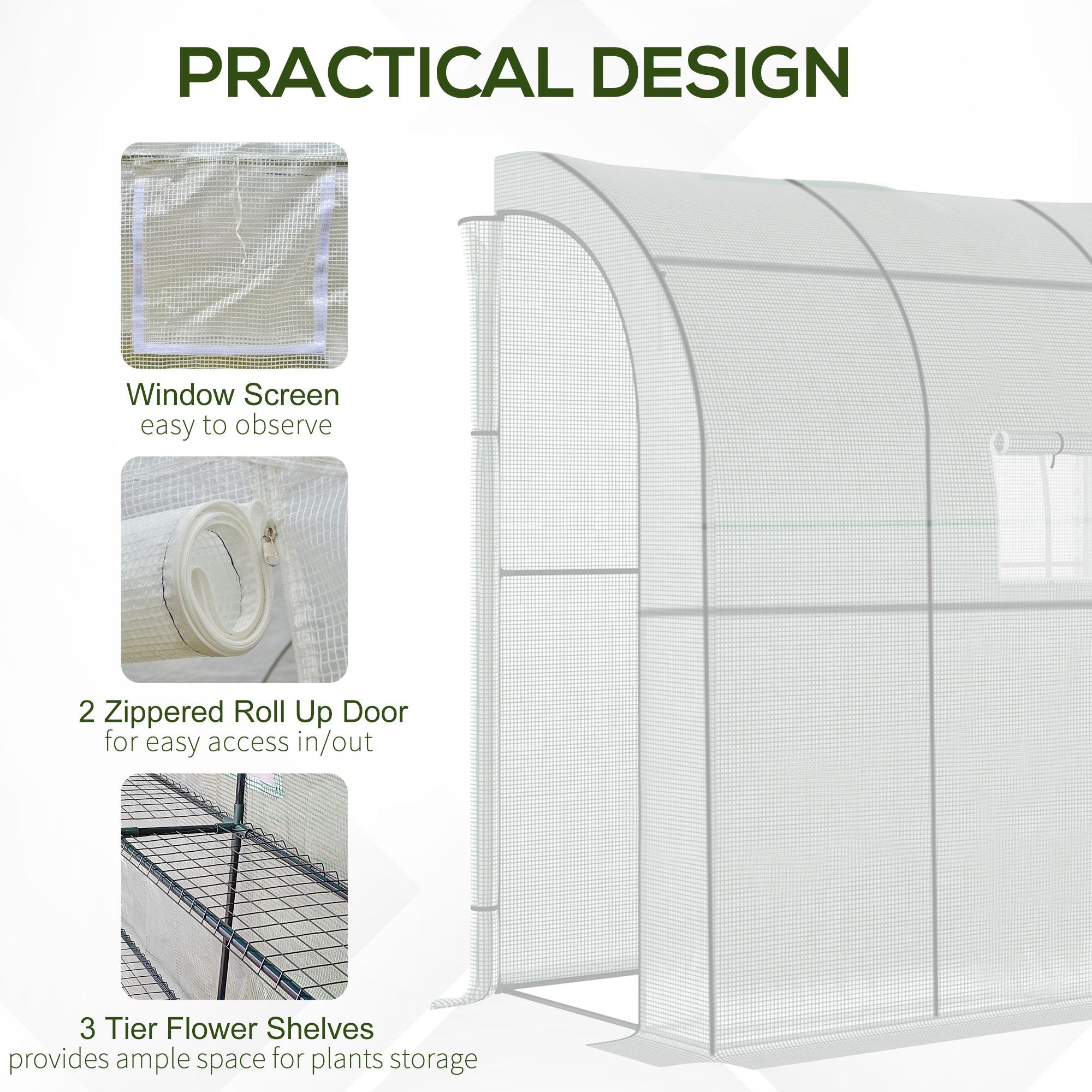 7' x 3' x 7' Outdoor Lean-to Walk-In Greenhouse w/ Roll-up Mesh Windows, Zipper Door and 3-Tier Shelves, White