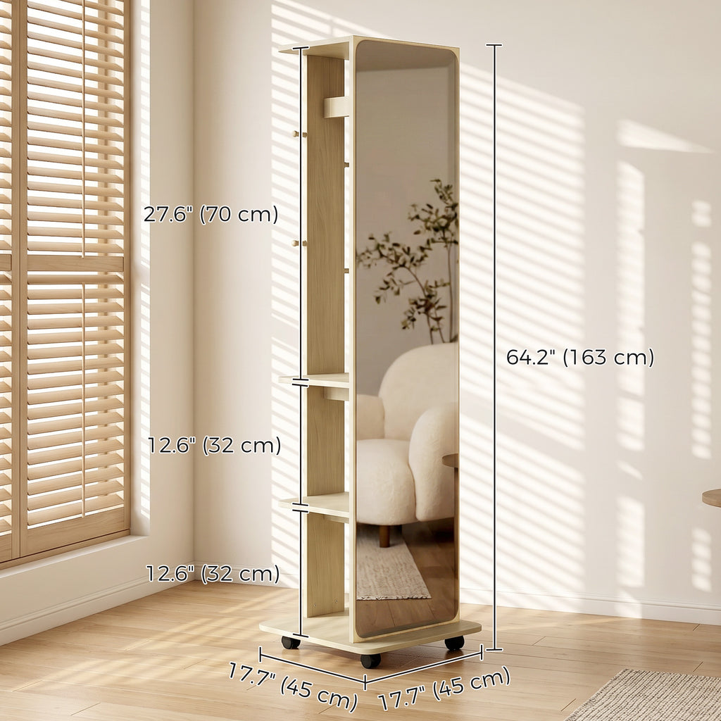 15" x 62" Full Length Mirror, Tempered Glass Floor Mirror on Wheels with Storage Shelves, Coat Hangers, Natural Wood