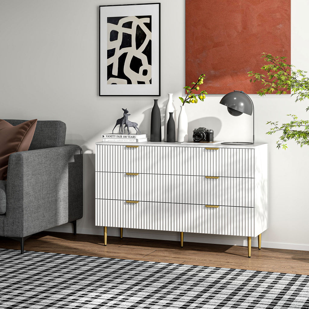 Modern Chest of Drawers 6 Drawer Dresser for Bedroom with Gold Legs and Handles, White