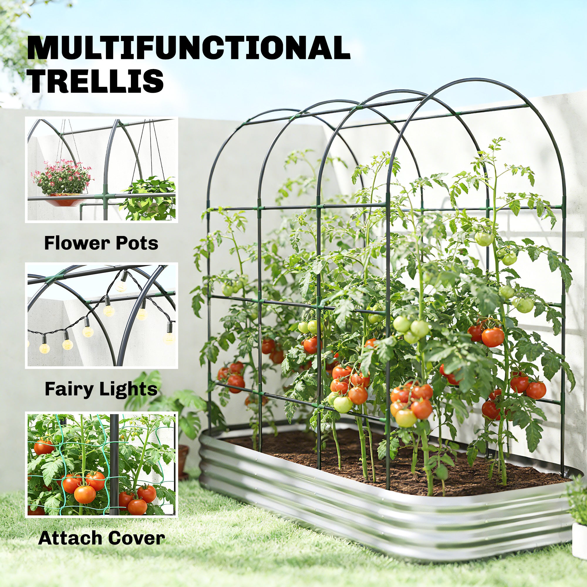 Galvanised Raised Garden Bed with Arched Trellis, 7 x 4 x 7ft Metal Outdoor Planter Box with Open Bottom