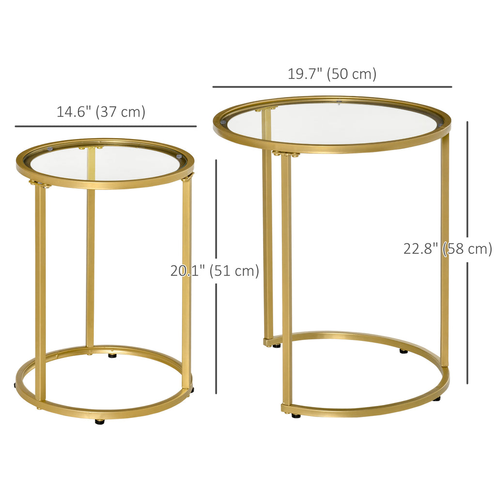 Set of 2 Nesting Coffee Tables with Metal Base, Round Side Table with Tempered Glass Tabletop for Living Room, Bedroom, Gold