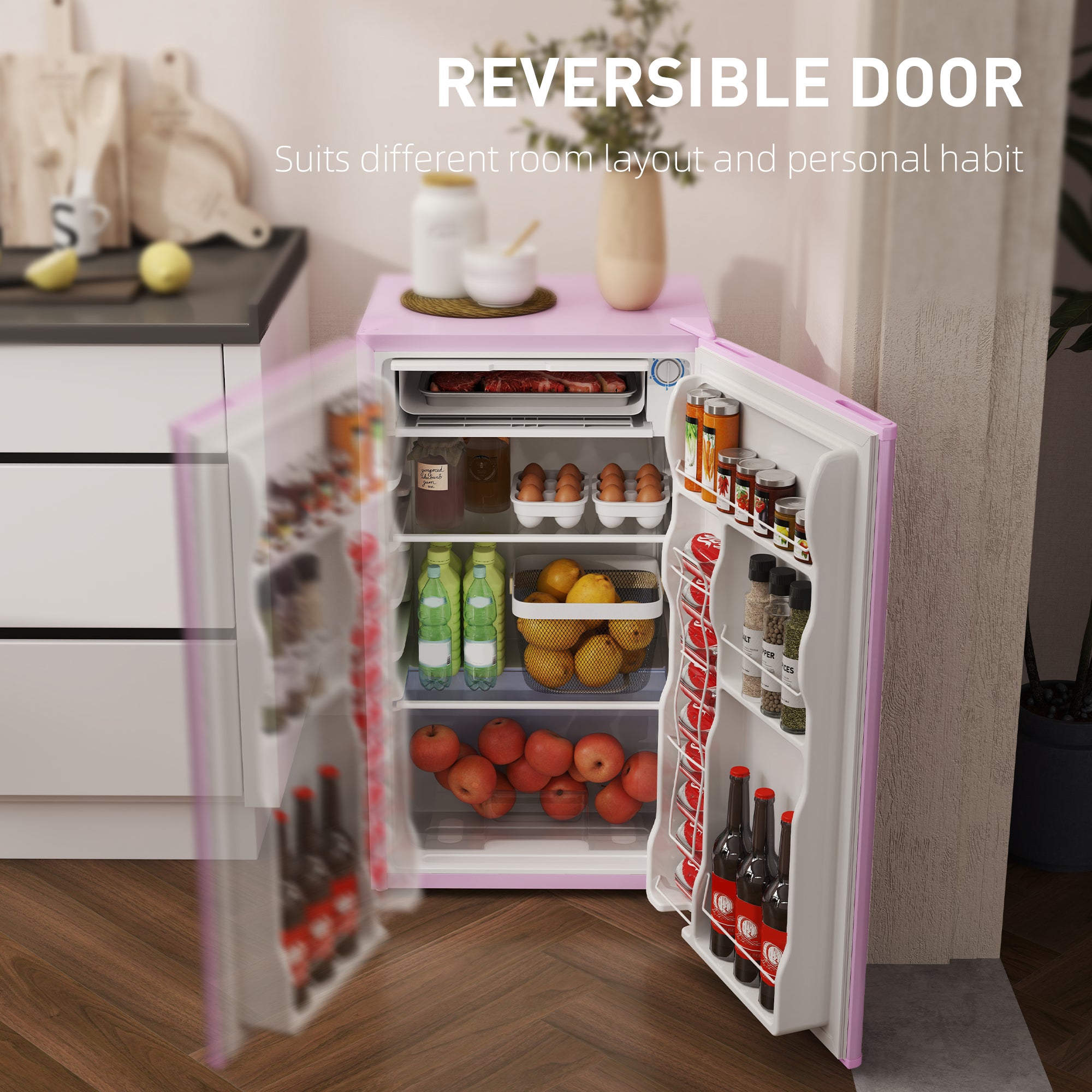 Compact Refrigerator, Mini Fridge with Freezer, Adjustable Shelf, Mechanical Thermostat and Reversible Door, Pink