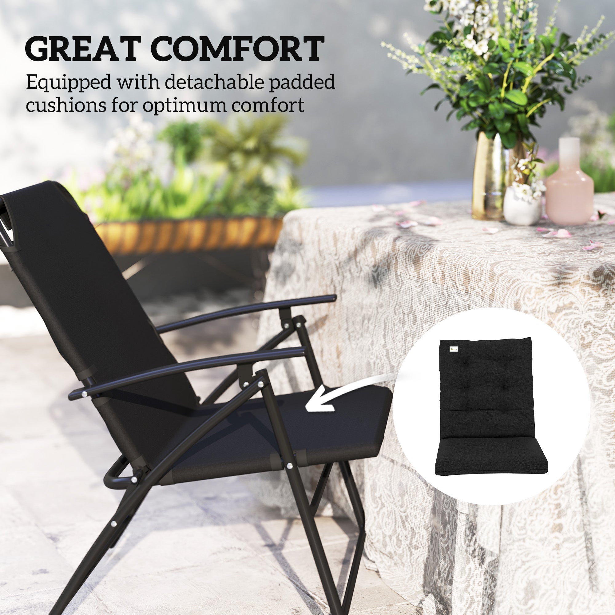 Set of 2 Outdoor Folding Chairs with Adjustable Backrest, Padded Camping Chairs for Outdoor Events, Black