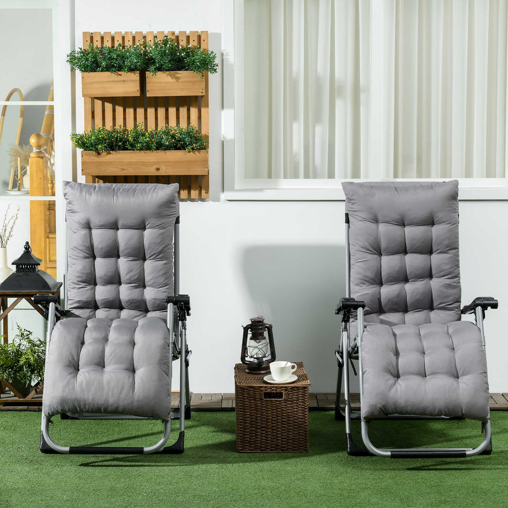Folding Garden Chairs Set of 2, Reclining Zero Gravity Chair, Sun Lounger with Cushion and Headrest, Dark Grey