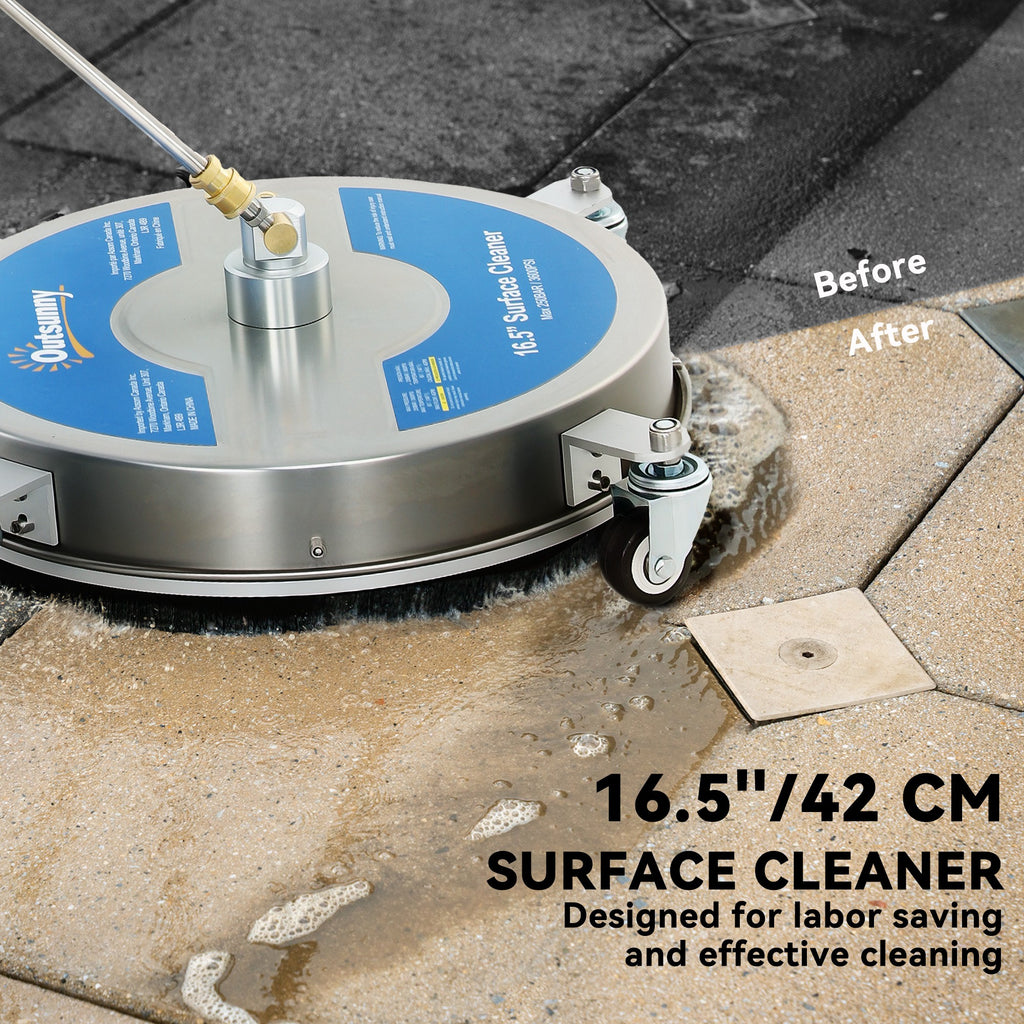16" Pressure Washer Surface Cleaner with 4 Wheels, Stainless Steel Power Washer Surface Cleaner with 1/4" Quick Connector, 2 Extension Wands, 3600 PSI, Silver