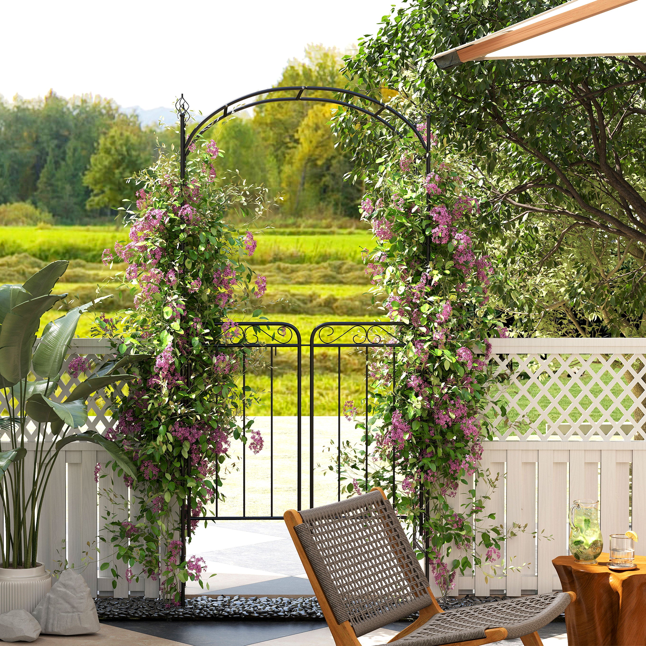 7' Metal Garden Arbor Arch with Scrollwork Doors for Ceremony, Weddings, Party, Backyard, Lawn