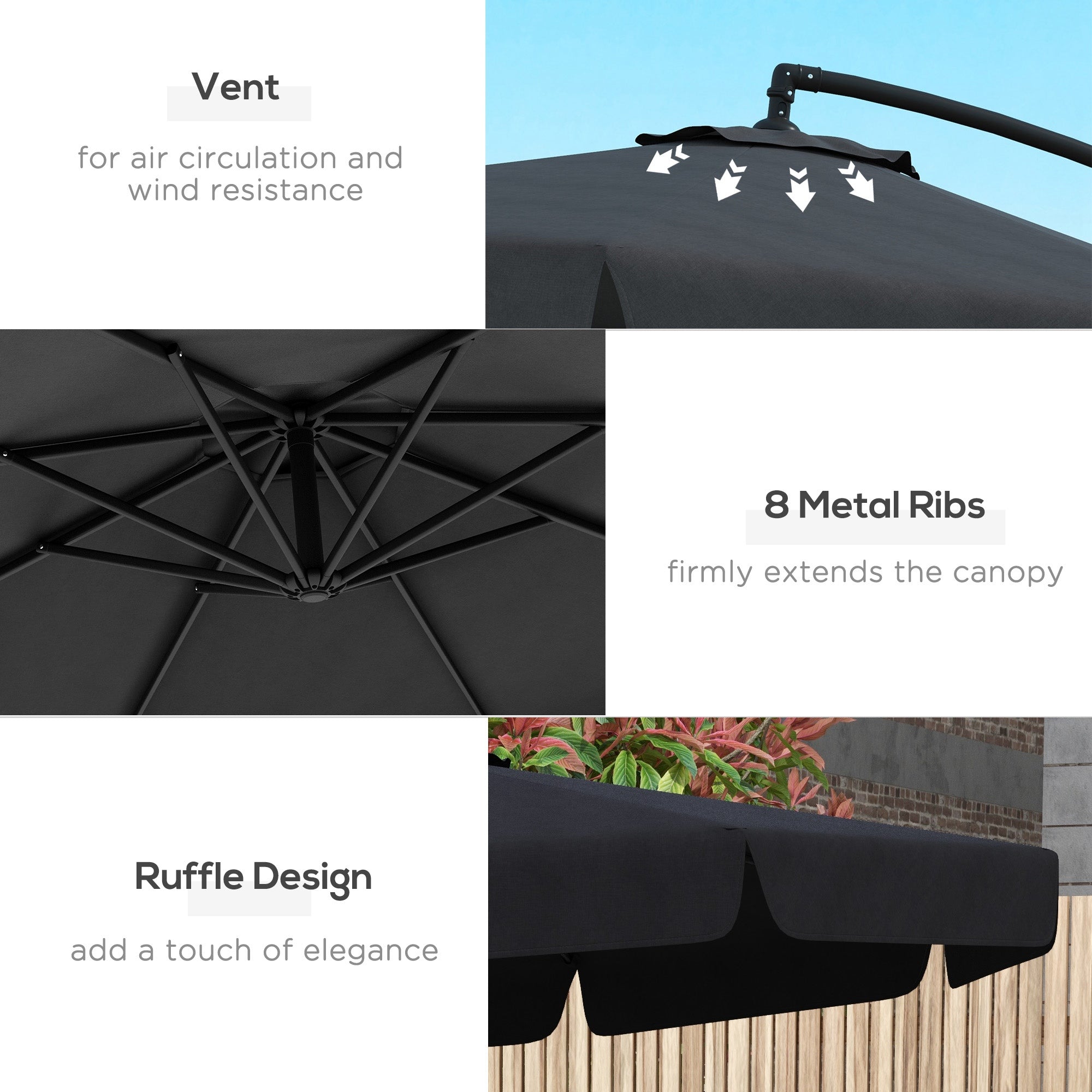11 FT Cantilever Patio Umbrella Offset Parasol with Cross Base and 8 Ribs for Garden, Black