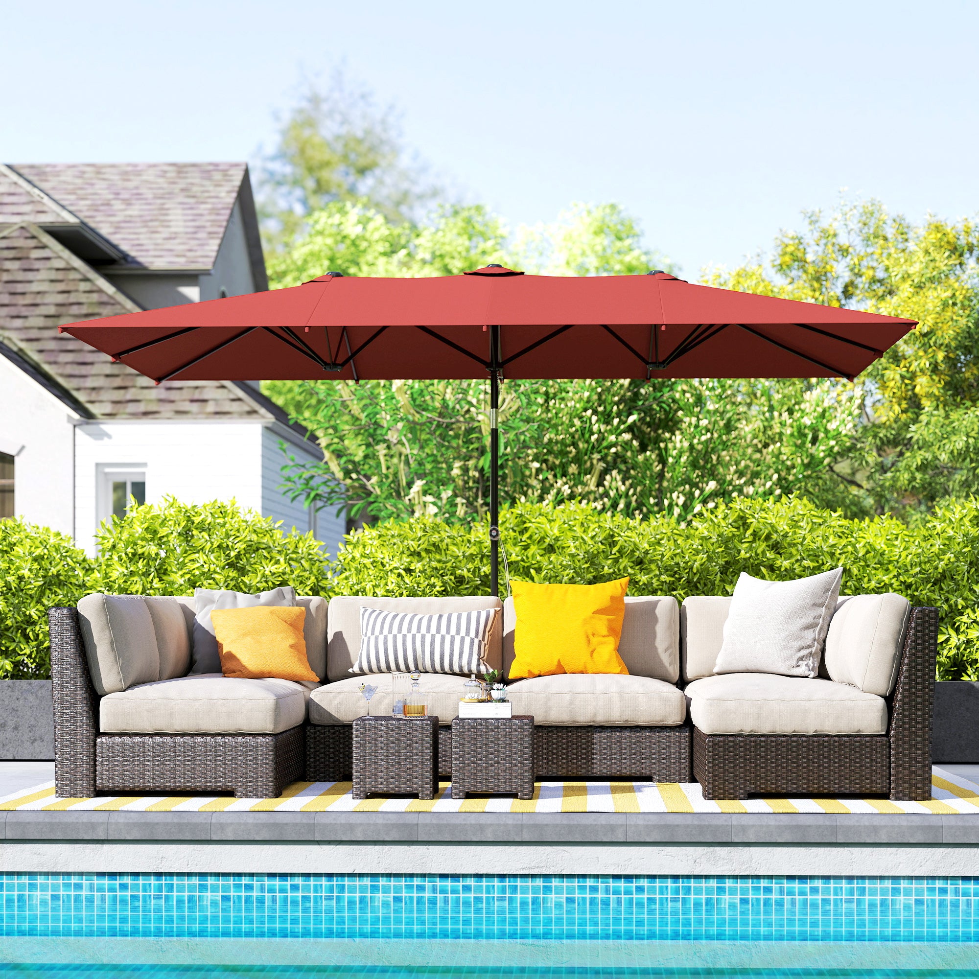 Double-Sided Patio Umbrella Parasol with Tilt, Adjustable Height, Vents and 12 Ribs, for Garden, Deck, Pool, Wine Red