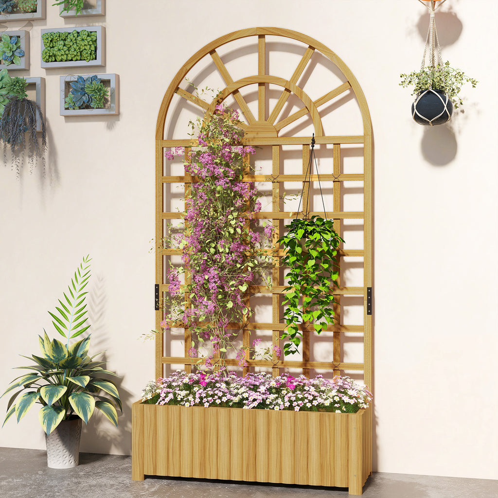 Wooden Raised Garden Bed with Lattice Trellis, Outdoor Elevated Planter Box with Drainage Holes for Climbing Plants