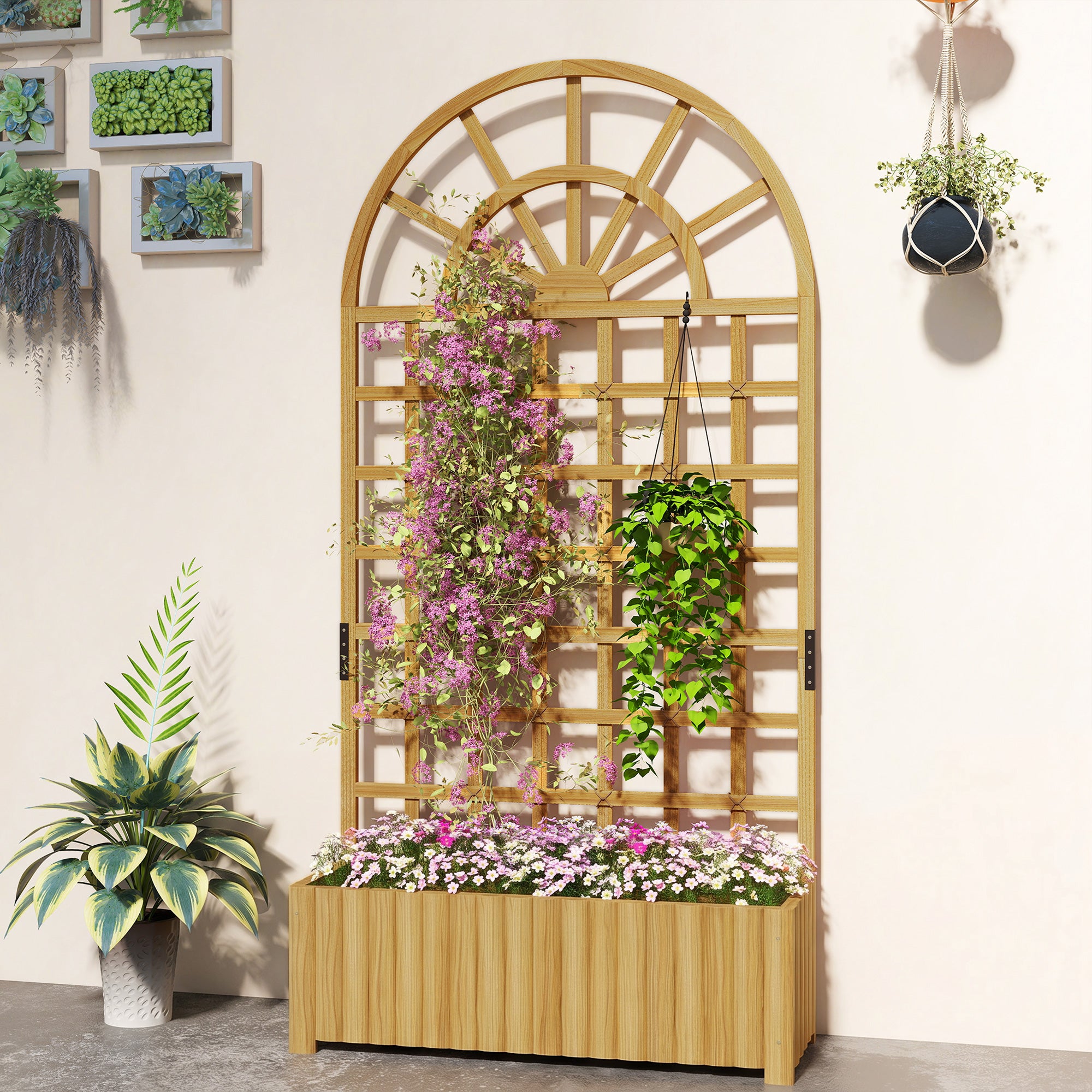 Wooden Raised Garden Bed with Lattice Trellis, Outdoor Elevated Planter Box with Drainage Holes for Climbing Plants