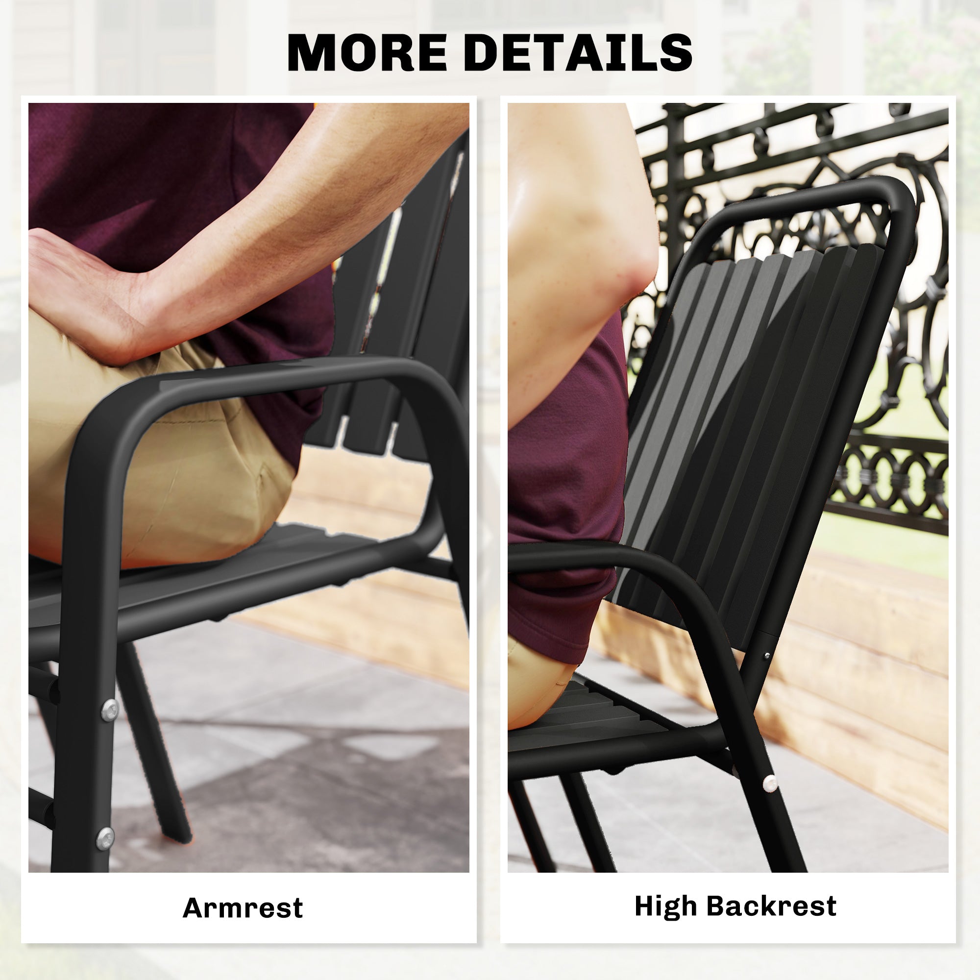 Stackable Outdoor Dining Chairs Set of 2, for Patio, Balcony, Deck, Garden, Black