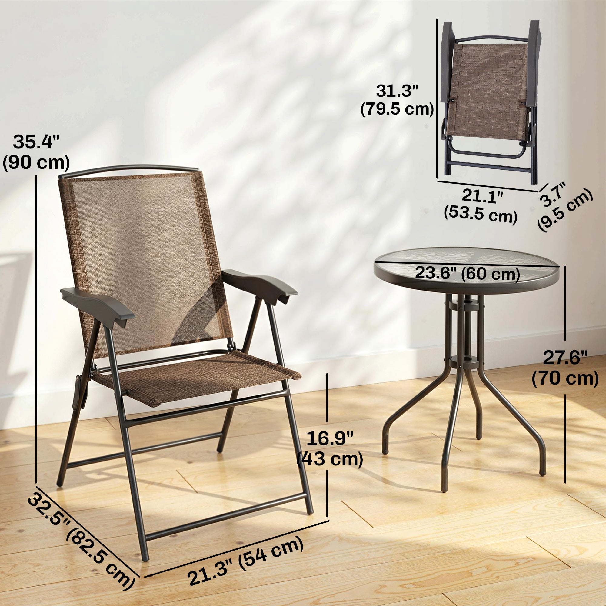 Folding Outdoor Bistro Set, Patio Table and Chairs with Reclining Backrest and Round Dining Table, Brown