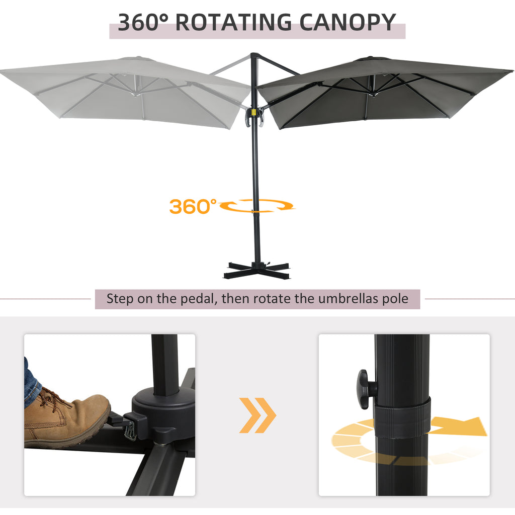 8' x 8' Square Patio Hanging Offset Umbrella with 360Â° Rotation, Aluminum Outdoor Cantilever Parasol with Crank & Tilt, Sun Canopy Shelter with Cross Base, Grey