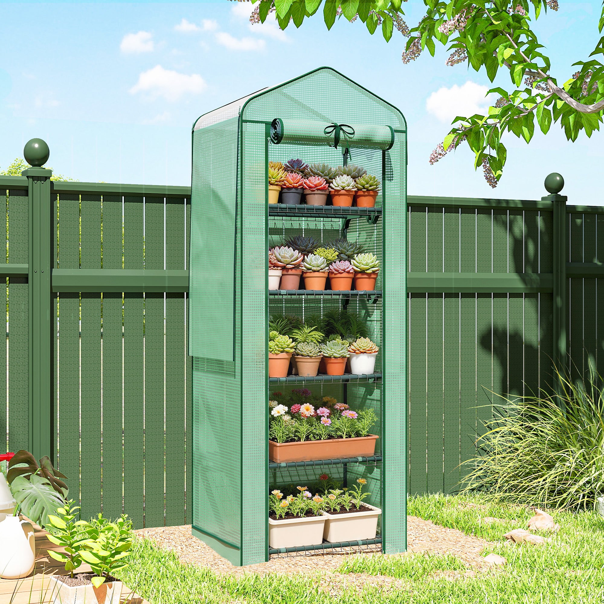 Mini Greenhouse with Screen Roof, Portable Small Greenhouse with Roll-Up Zipper Door, 27.6" x 19.7" x 75.6", Green
