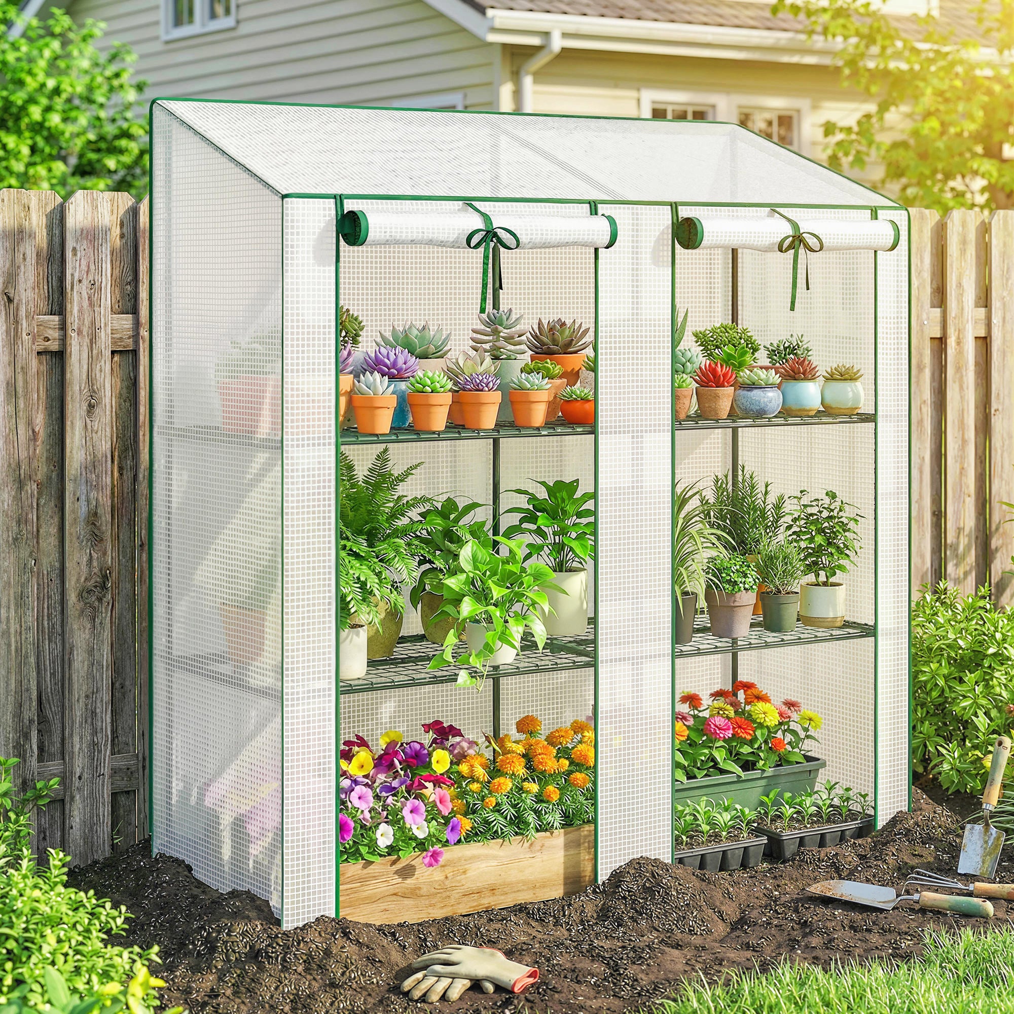 Portable Mini Greenhouse Green House with 3 Tier Shelves, Reinforced PE Cover, Roll-up Doors, 56.3"x18.1"x59.4", White