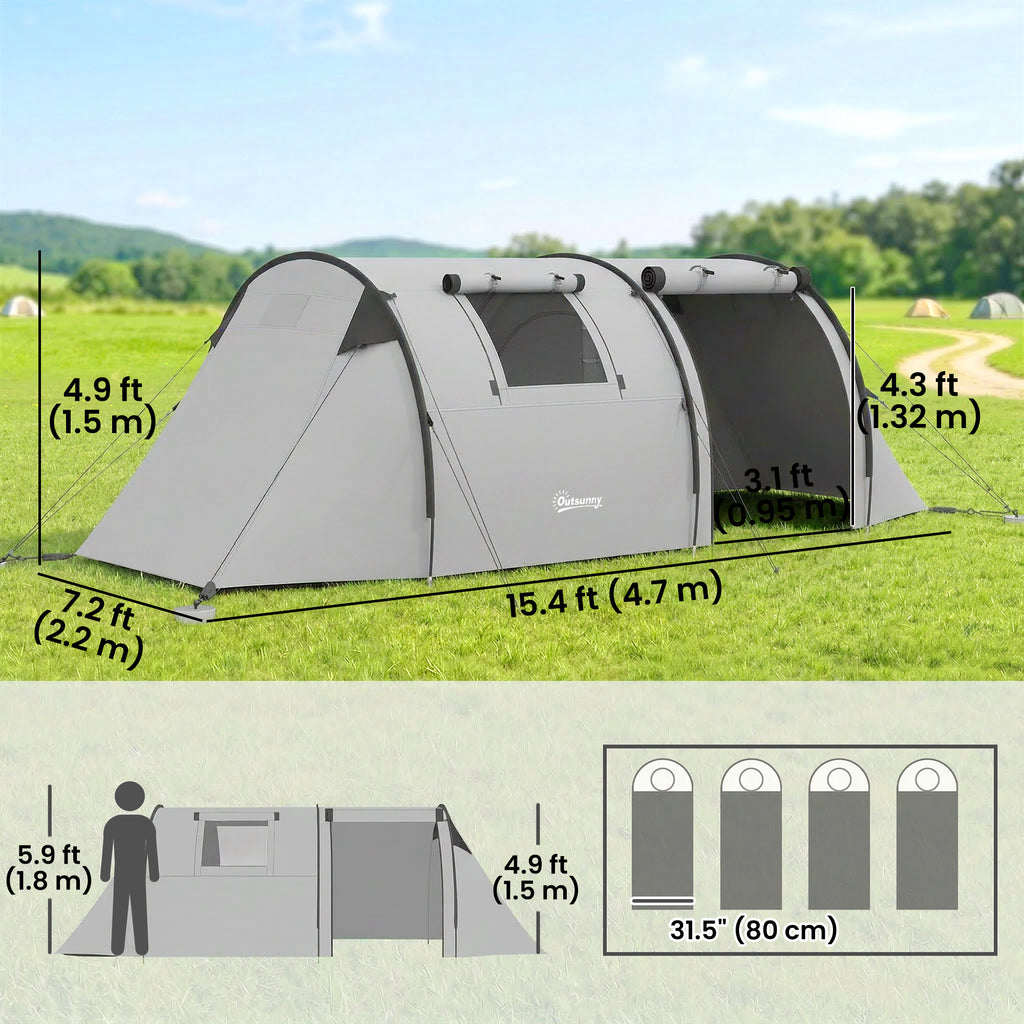 3-4 Person Camping Tent with 2 Rooms, 3000mm Waterproof Portable Family Tent with Carry Bag, Grey