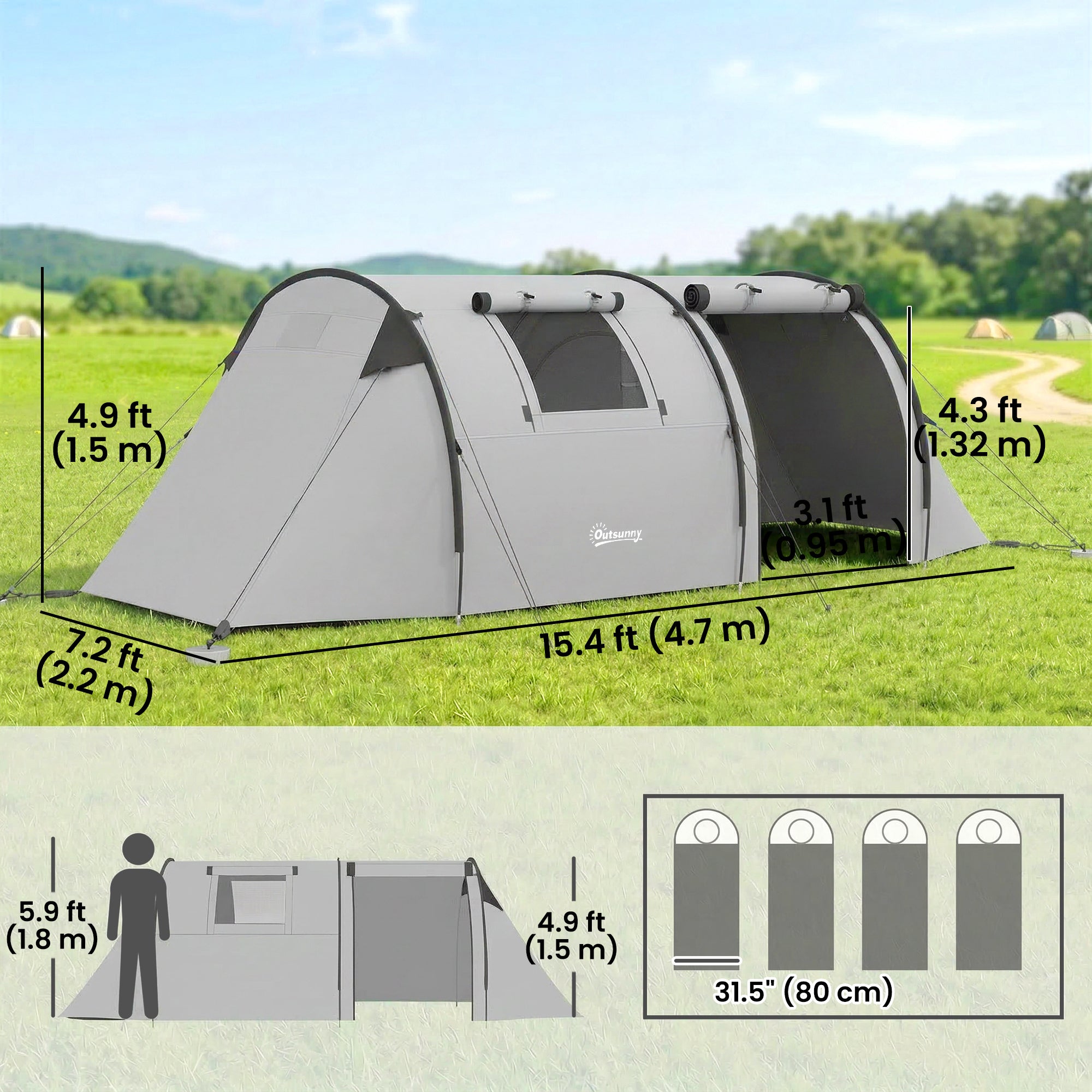 3-4 Person Camping Tent with 2 Rooms, 3000mm Waterproof Portable Family Tent with Carry Bag, Grey