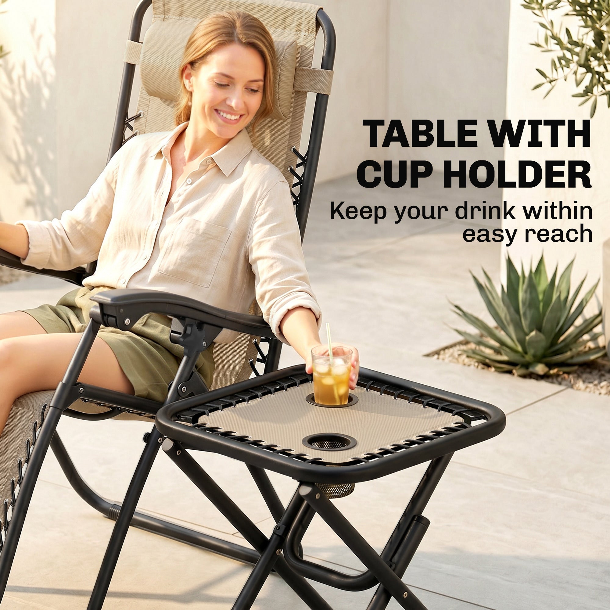 Zero Gravity Chair Set of 2 Patio Chair with Side Table Cupholders and Pillows for Pool, Backyard, Lawn, Beige