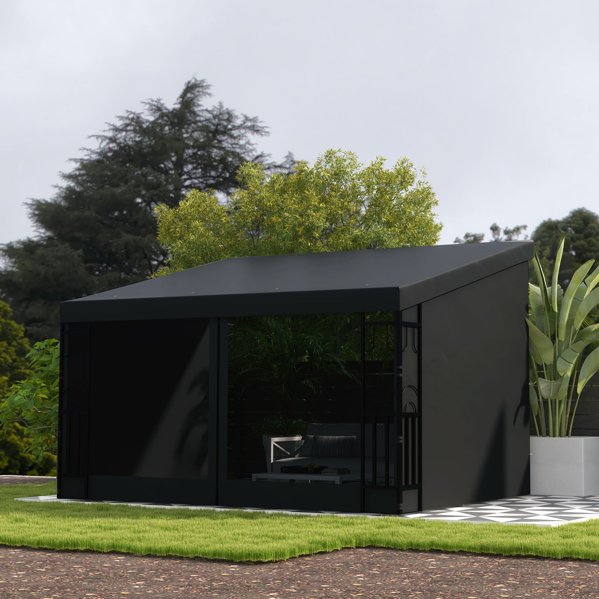 10' x 13' Outdoor Pergola, Wall Mounted Hardtop Lean-to Gazebo with 2 Curtains and 2 Nettings, UV Resistant, for Patio, Deck, Dark Grey