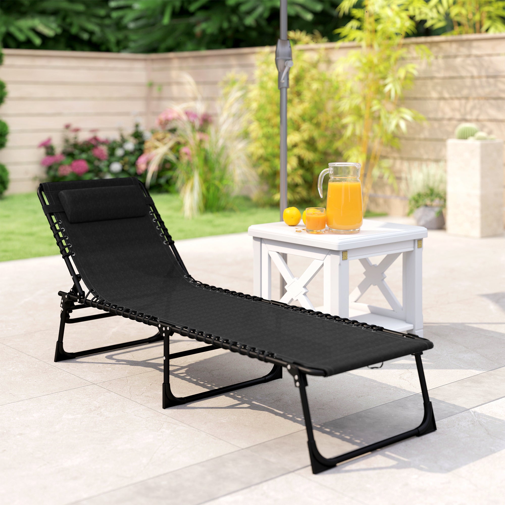 Outdoor Folding Lounge Chair, 4-Level Adjustable Chaise Lounge with Headrest, Tanning Chair Beach Bed Reclining Lounger Cot for Camping, Hiking, Backyard, Black