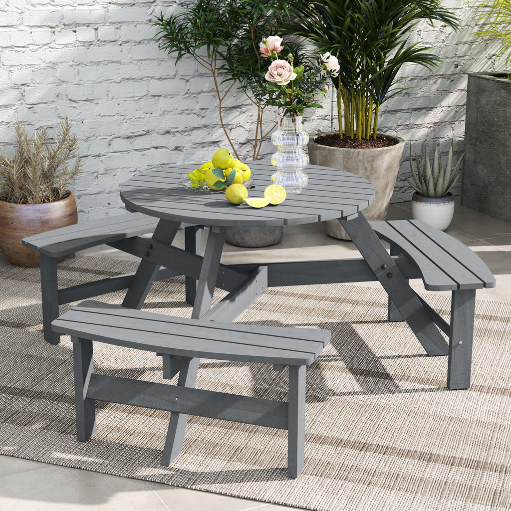 6 Person Round Picnic Table Bench Set with Umbrella Hole, Wood Patio Table with 3 Built-in Benches for Garden, Deck, Backyard, Grey